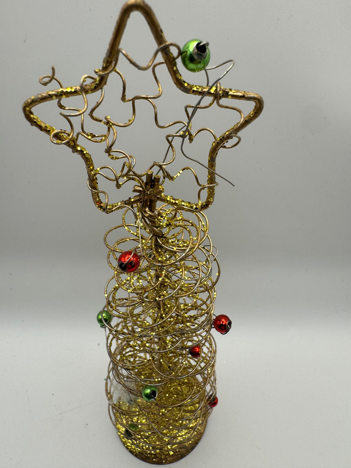 Gold Spiral Wire Christmas Tree with Red & Green Ornaments – 9" Holiday Decor