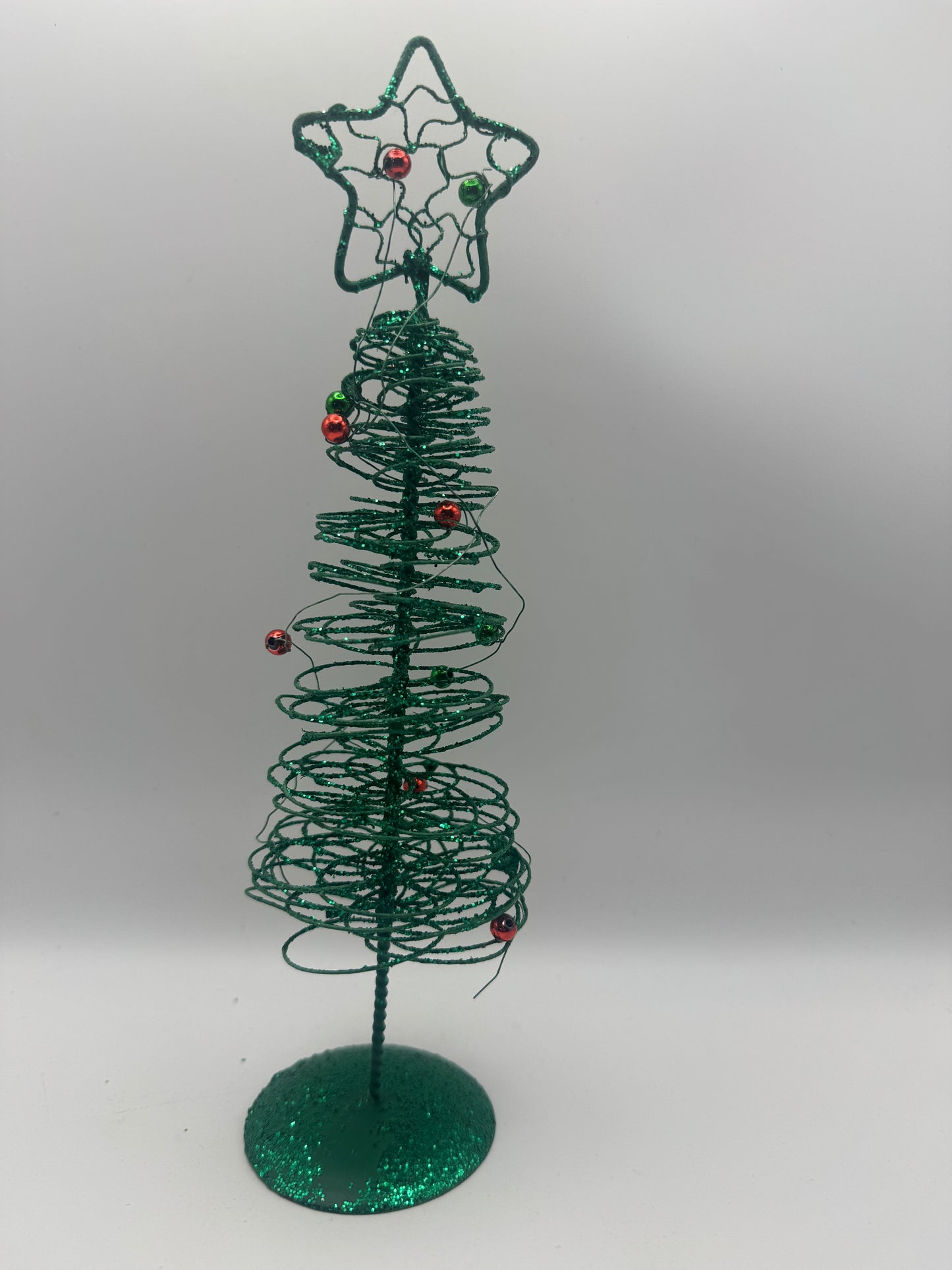 Green Spiral Wire Christmas Tree with Ornaments – 9" Holiday Decor