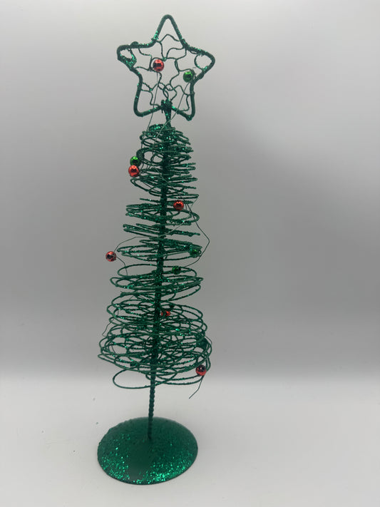 Green Spiral Wire Christmas Tree with Ornaments – 9" Holiday Decor