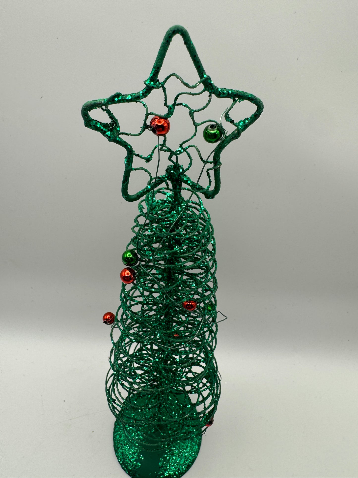 Green Spiral Wire Christmas Tree with Ornaments – 9" Holiday Decor