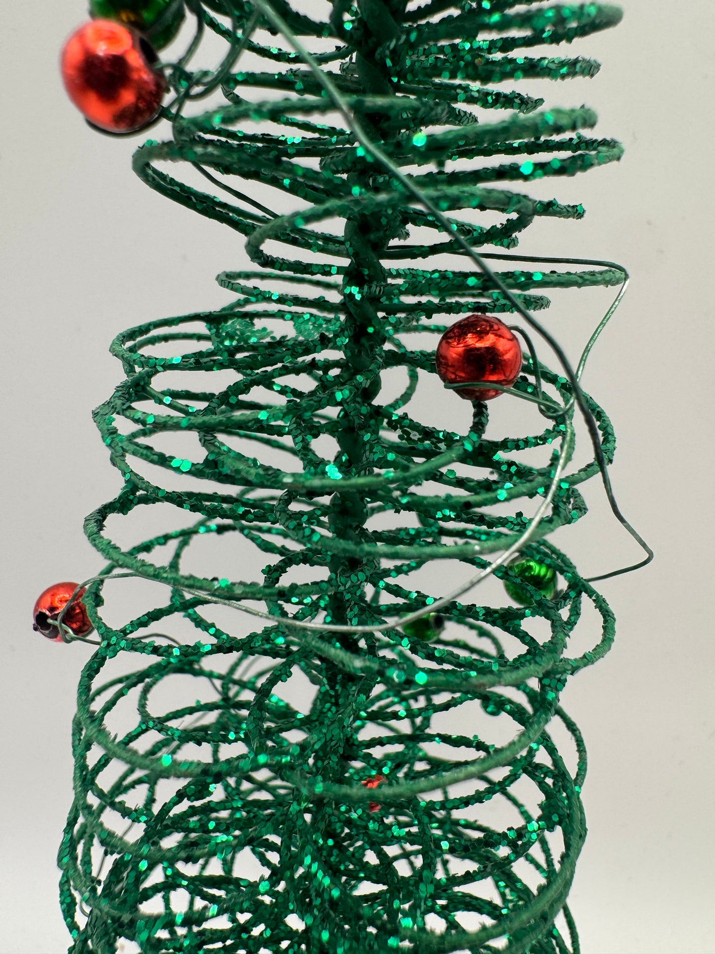 Green Spiral Wire Christmas Tree with Ornaments – 9" Holiday Decor