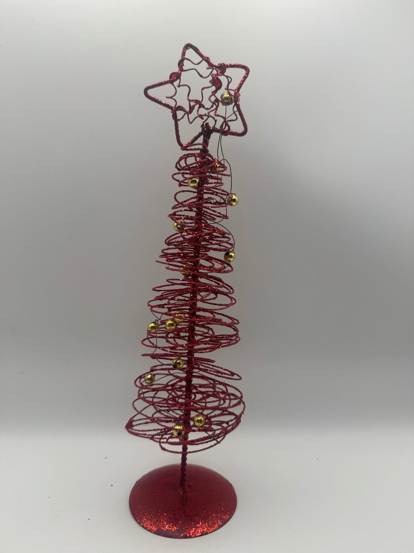 Red Spiral Wire Christmas Tree with Ornaments – 9" Holiday Decor