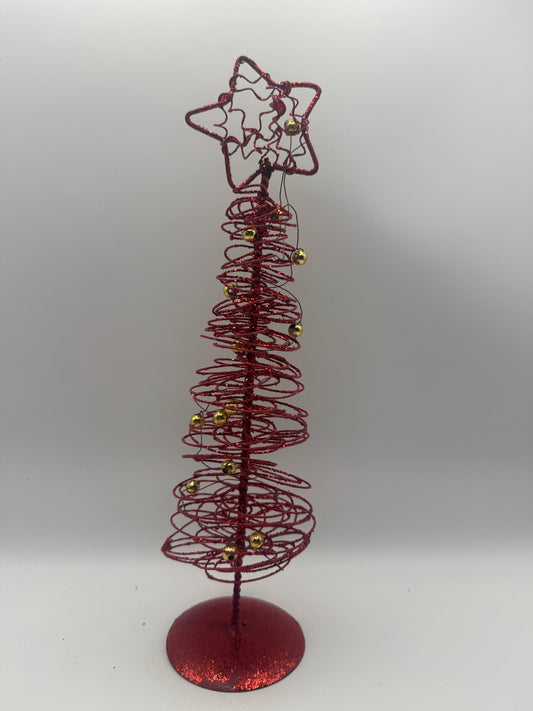 Red Spiral Wire Christmas Tree with Ornaments – 9" Holiday Decor