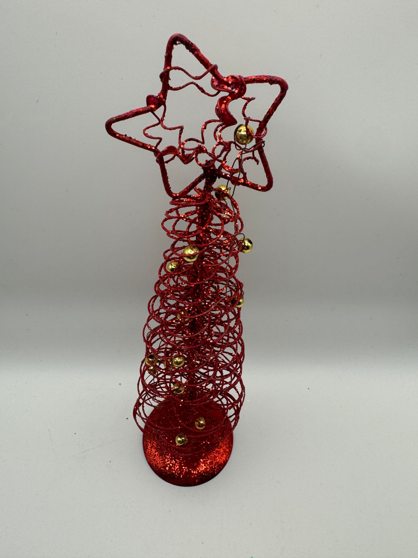 Red Spiral Wire Christmas Tree with Ornaments – 9" Holiday Decor