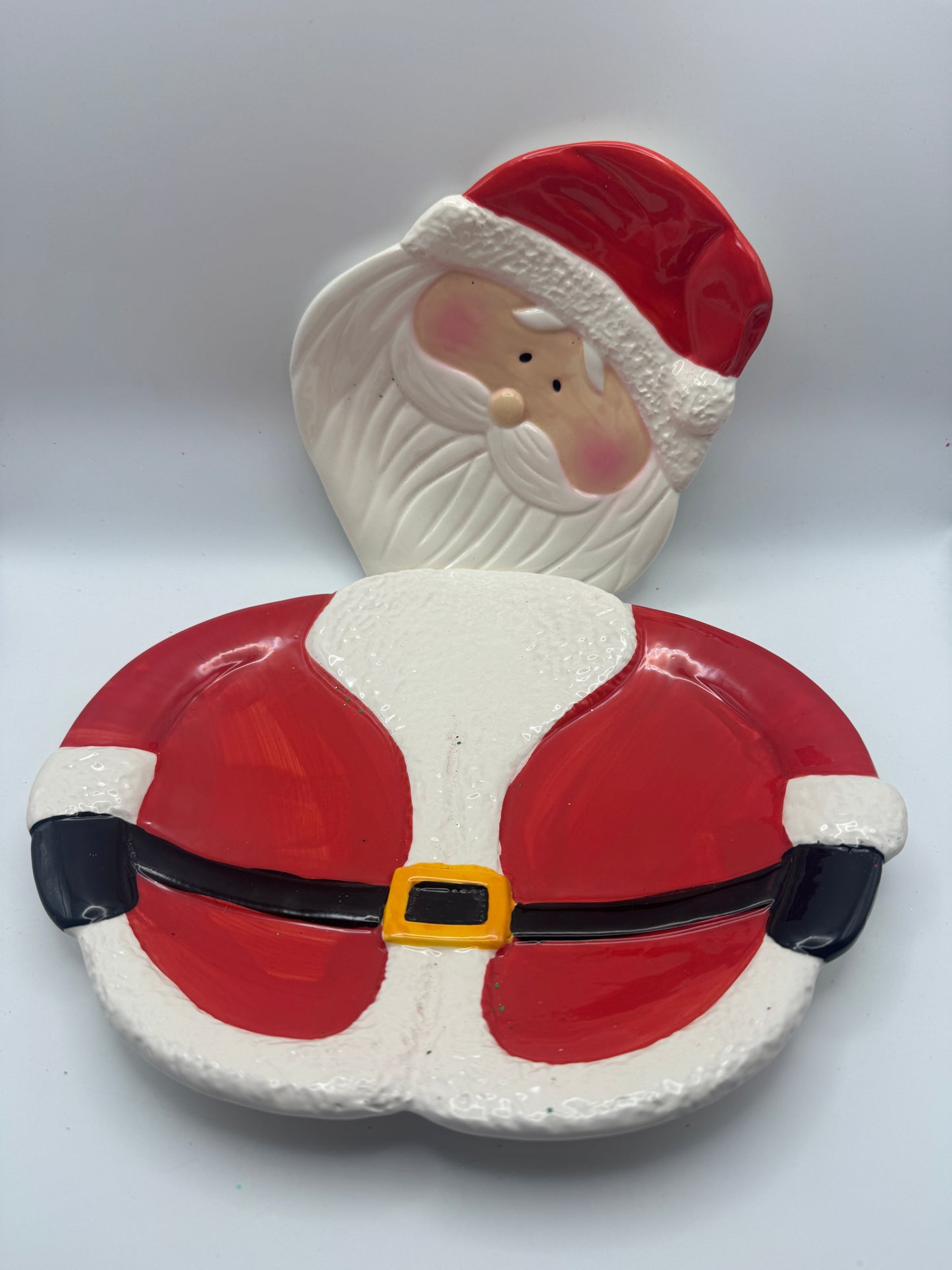 Hand-Painted Ceramic Santa Platter – 2-Piece Vintage Christmas Serving Tray