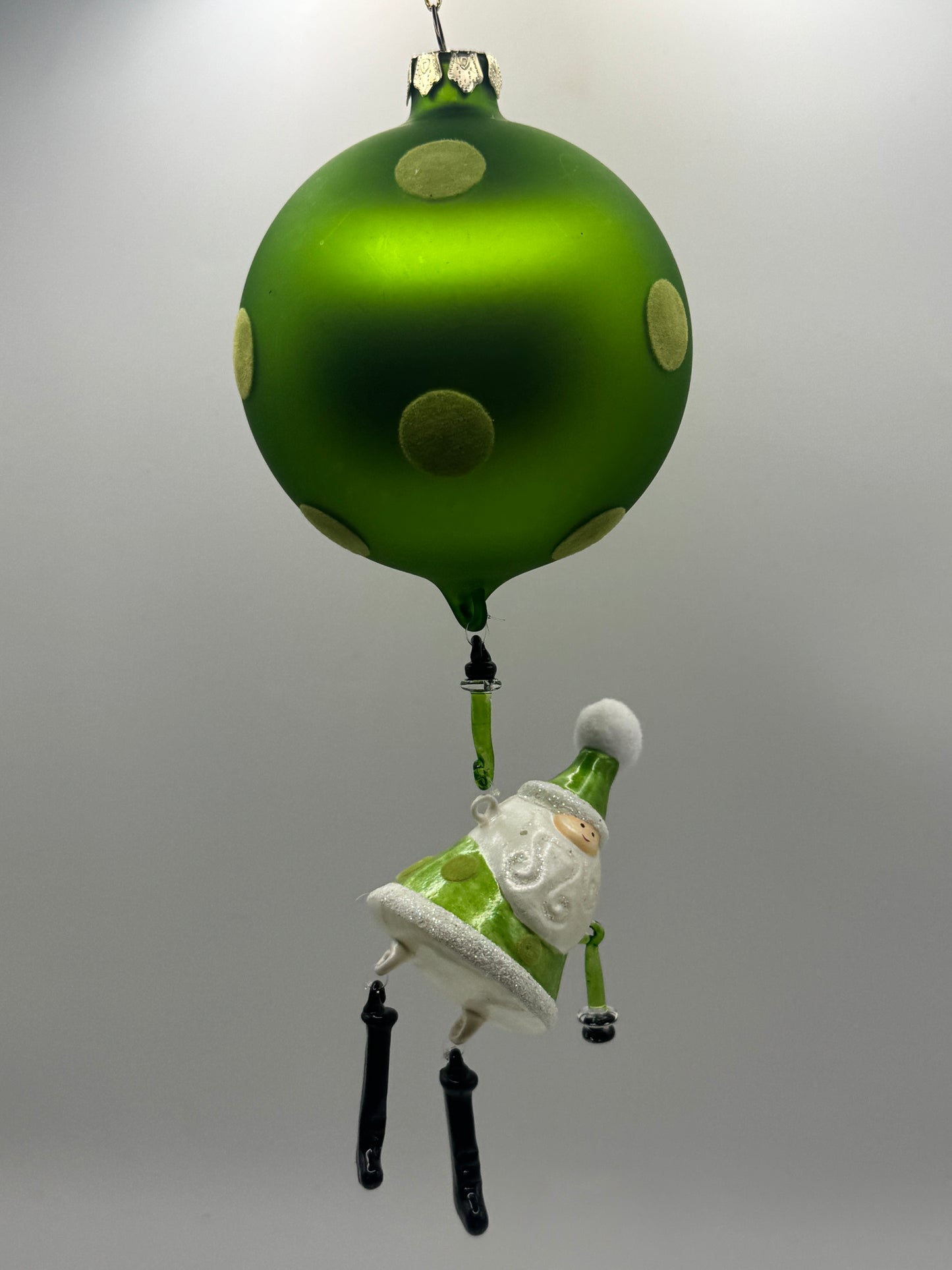 Green Christmas Bulb Ornament with Fuzzy Dots & Hanging Santa – 4"