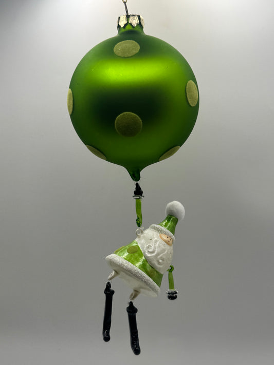 Green Christmas Bulb Ornament with Fuzzy Dots & Hanging Santa – 4"