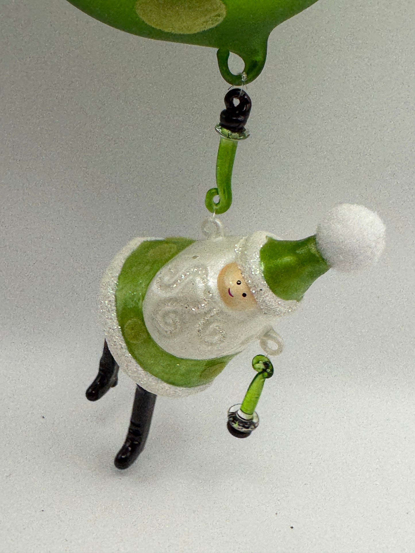 Green Christmas Bulb Ornament with Fuzzy Dots & Hanging Santa – 4"