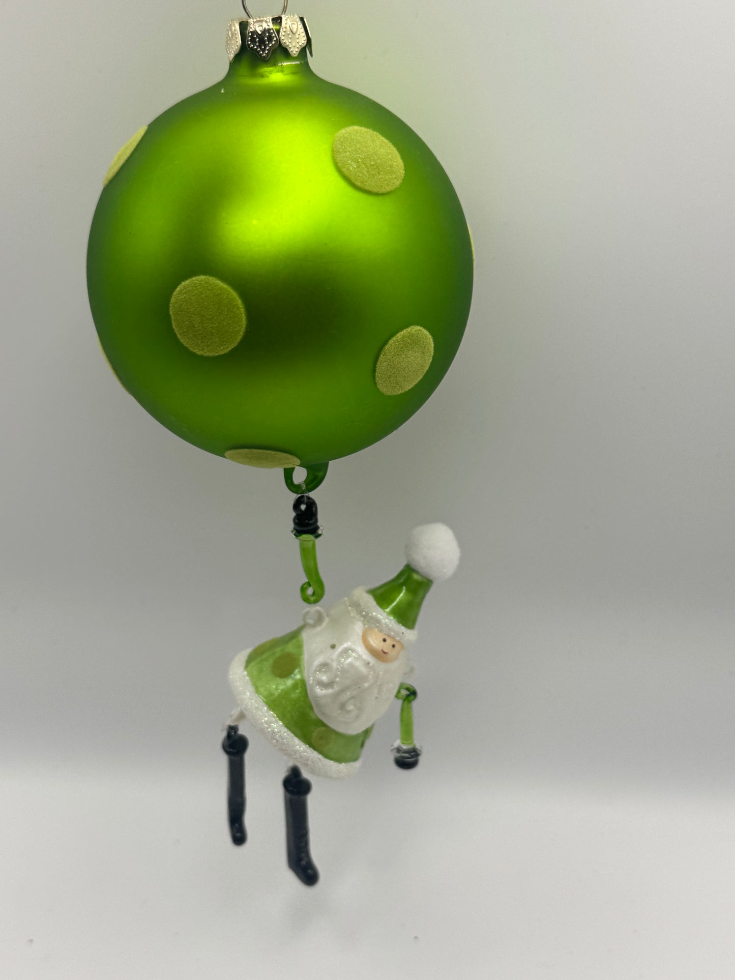 Green Christmas Bulb Ornament with Fuzzy Dots & Hanging Santa – 4"