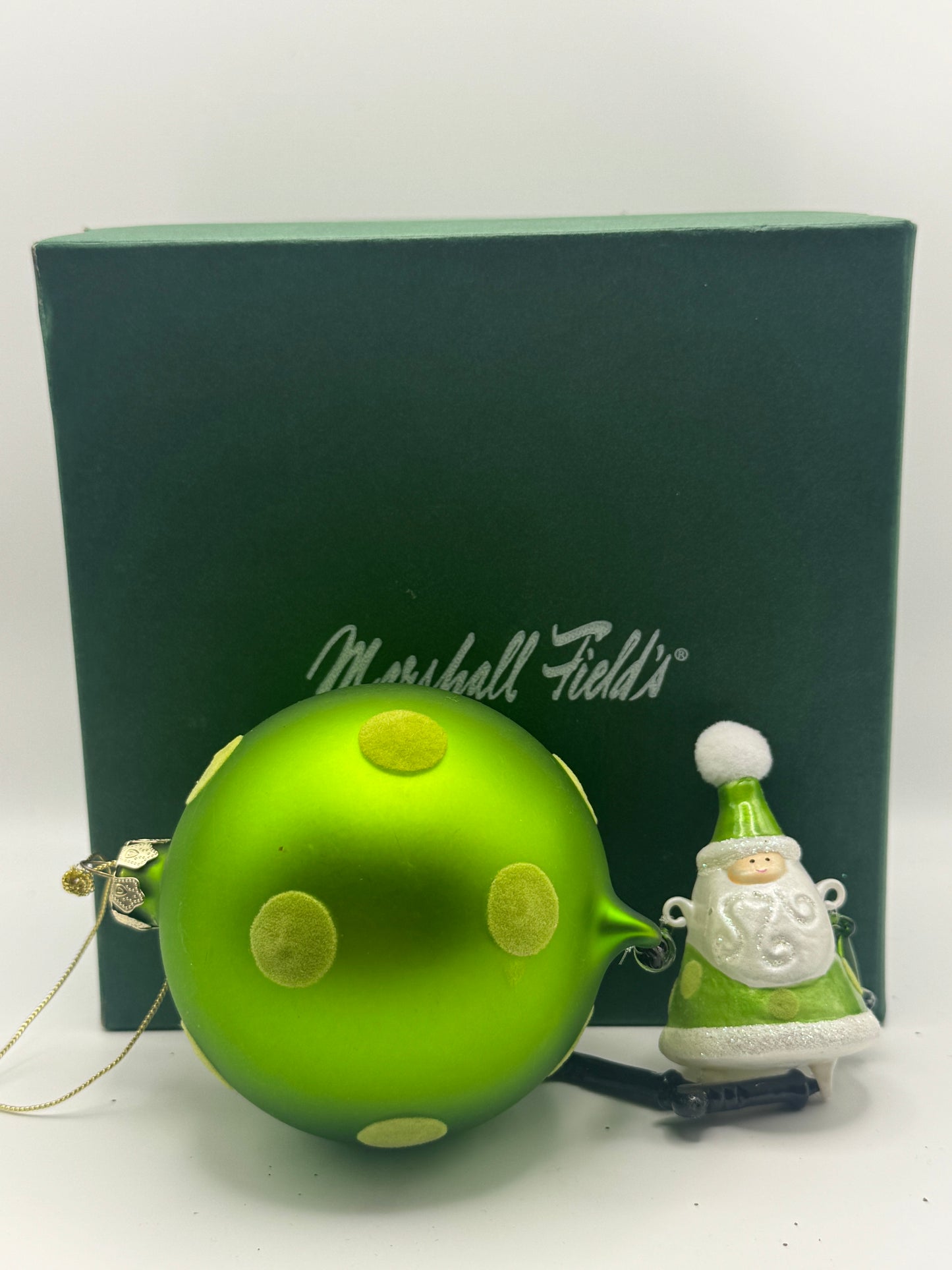 Green Christmas Bulb Ornament with Fuzzy Dots & Hanging Santa – 4"