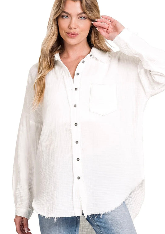 Double Gauze Oversized Raw Edge Button-Up Shirt - White