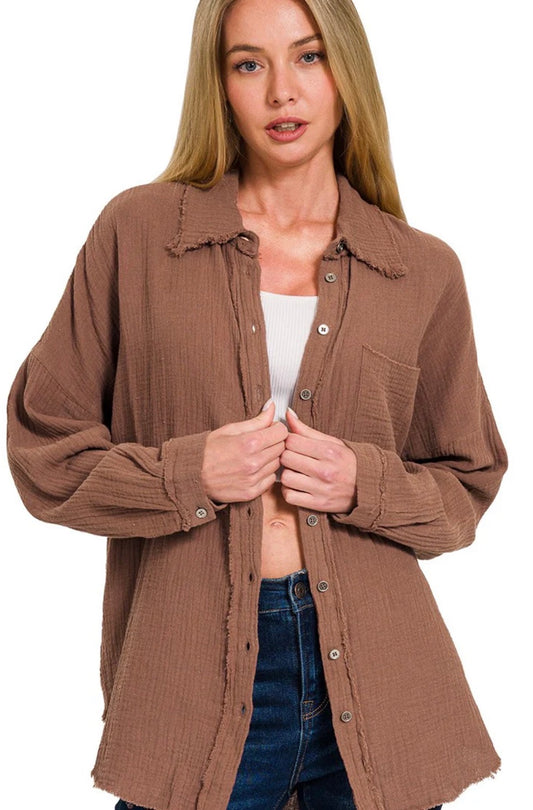 Double Gauze Oversized Raw Edge Button-Up Shirt - Brown