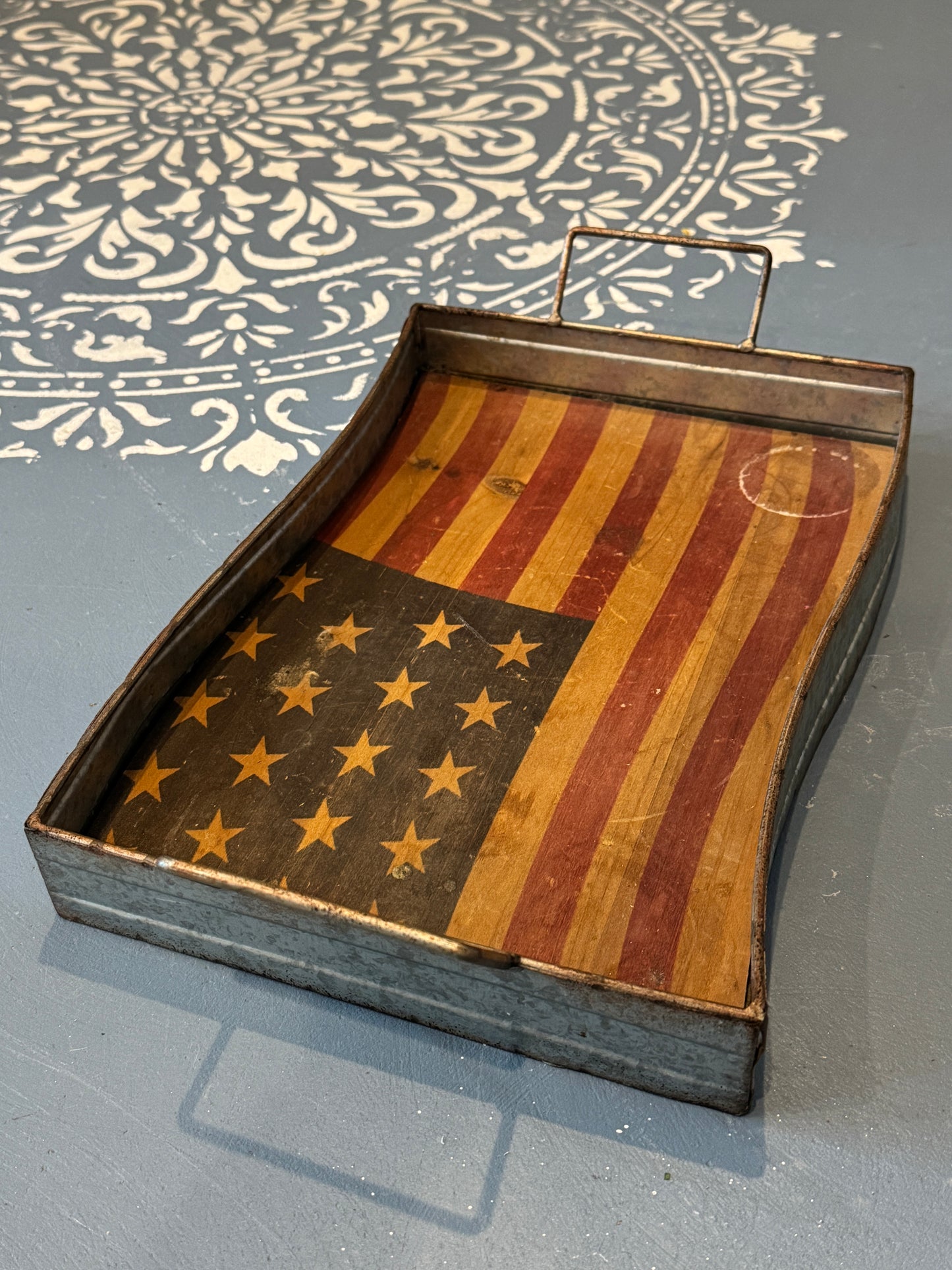 Rustic American Flag Galvanized Metal Serving Tray