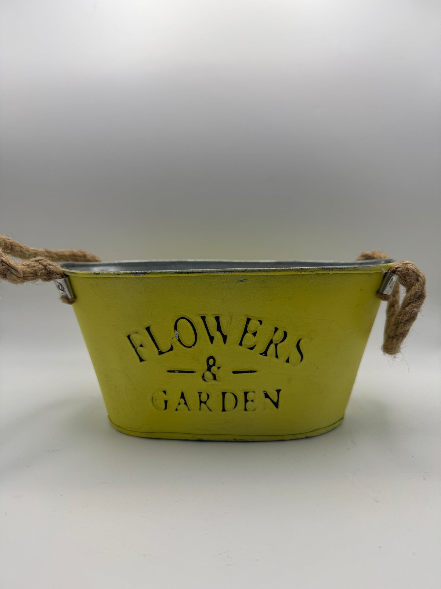 “Flowers & Garden” Yellow Metal Bucket with Rope Handles (8.5")