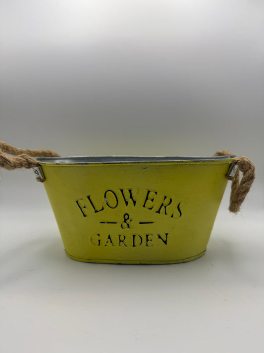 “Flowers & Garden” Yellow Metal Bucket with Rope Handles (8.5")