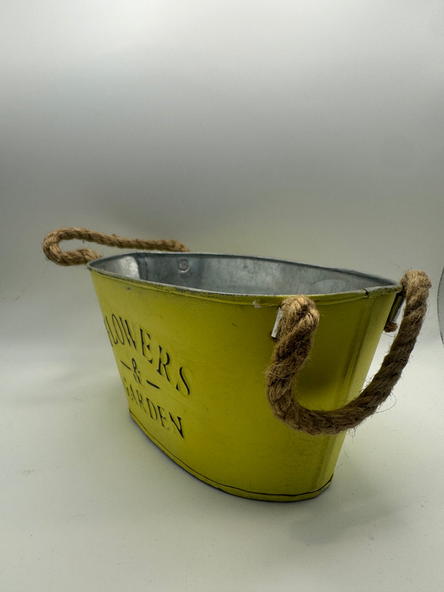 “Flowers & Garden” Yellow Metal Bucket with Rope Handles (8.5")