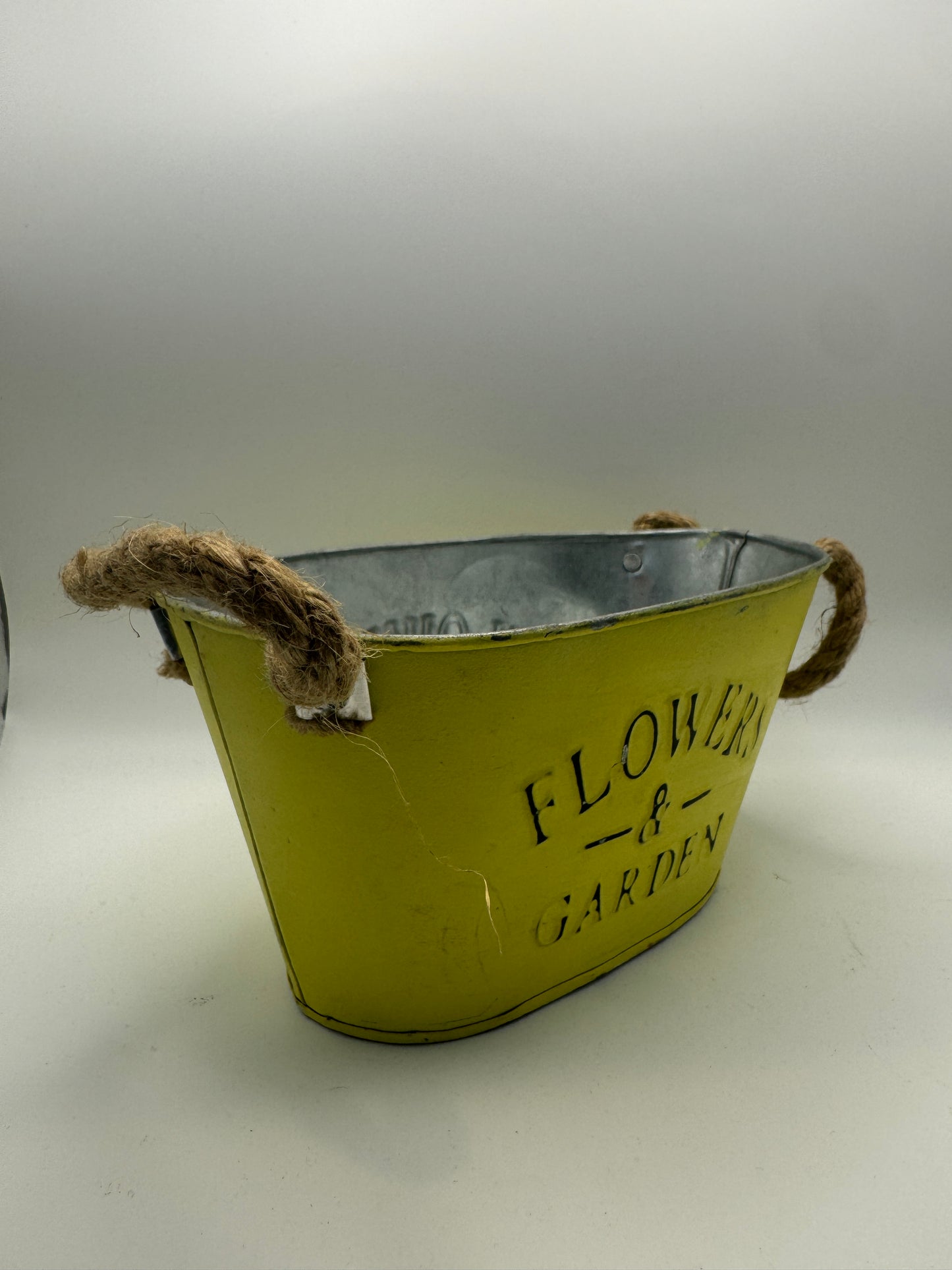 “Flowers & Garden” Yellow Metal Bucket with Rope Handles (8.5")