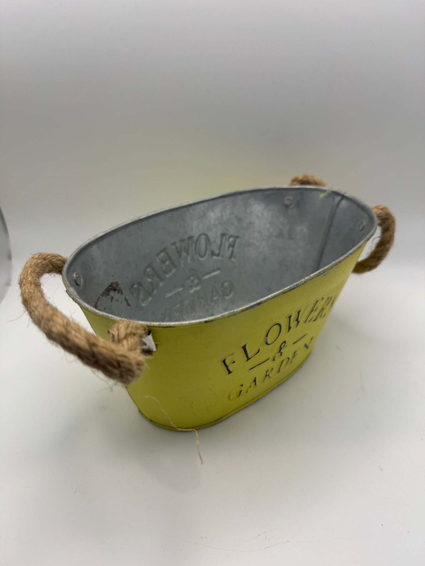 “Flowers & Garden” Yellow Metal Bucket with Rope Handles (8.5")