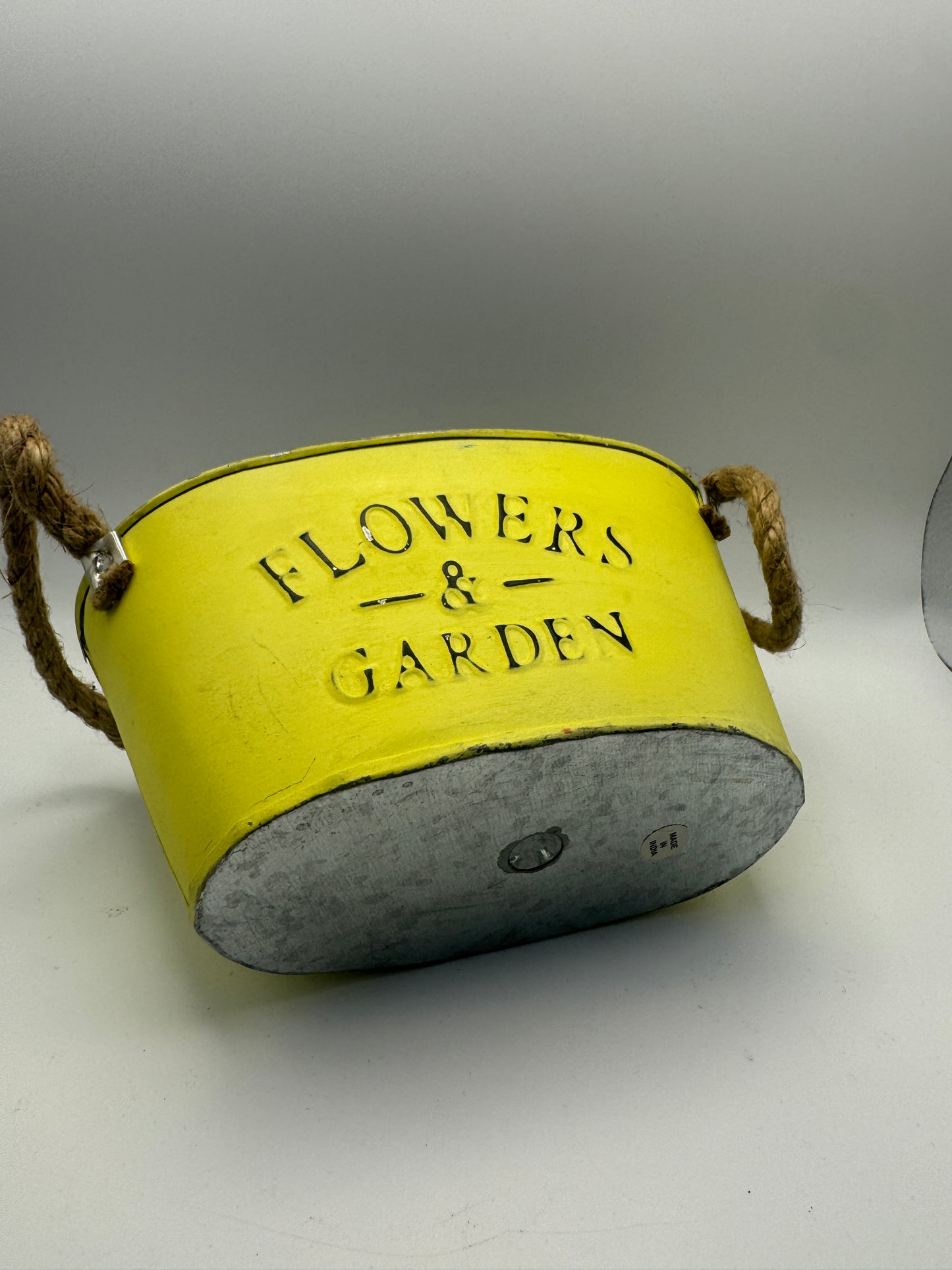 “Flowers & Garden” Yellow Metal Bucket with Rope Handles (8.5")