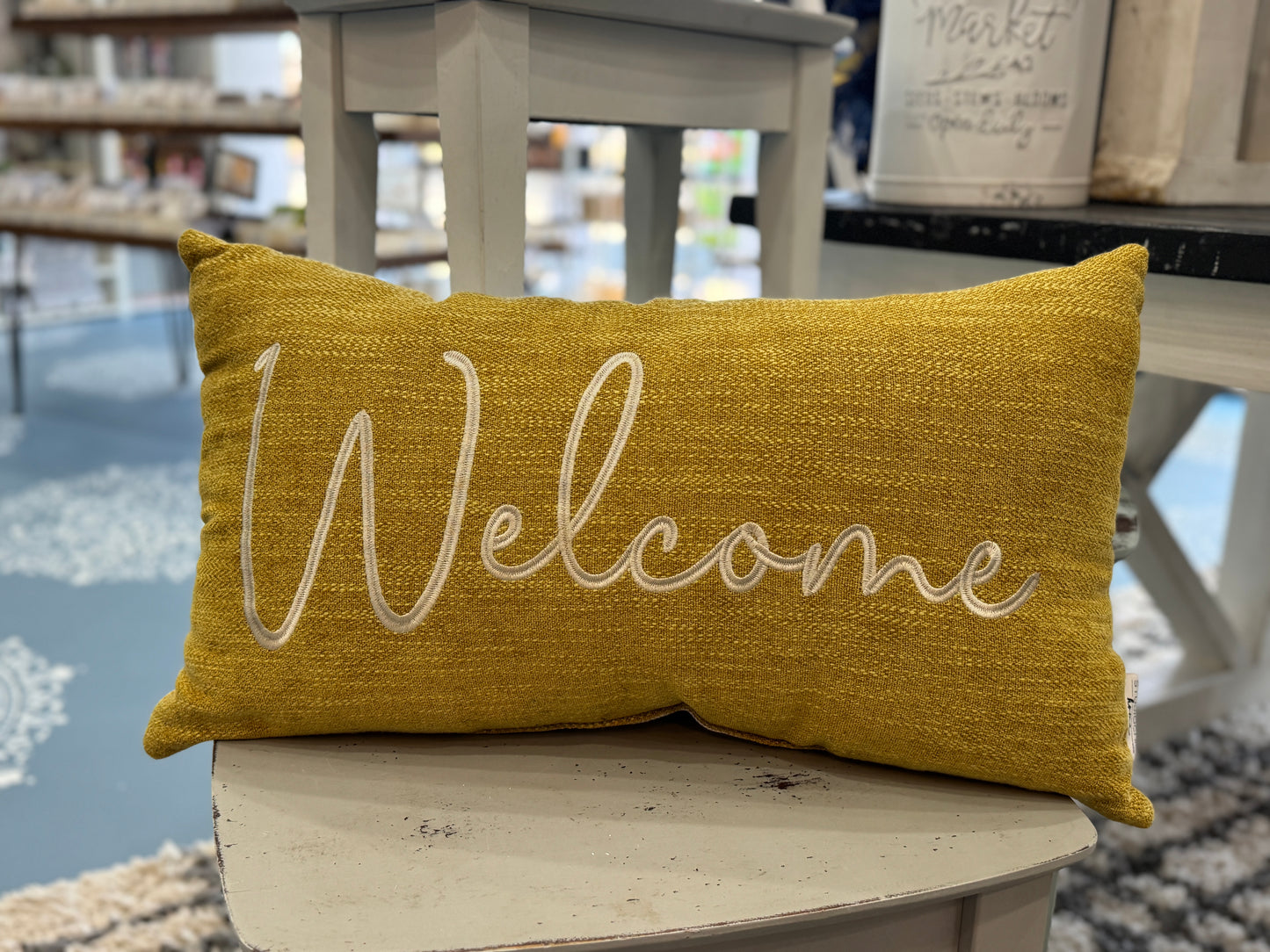 Mustard Welcome Embroidered Accent Pillow