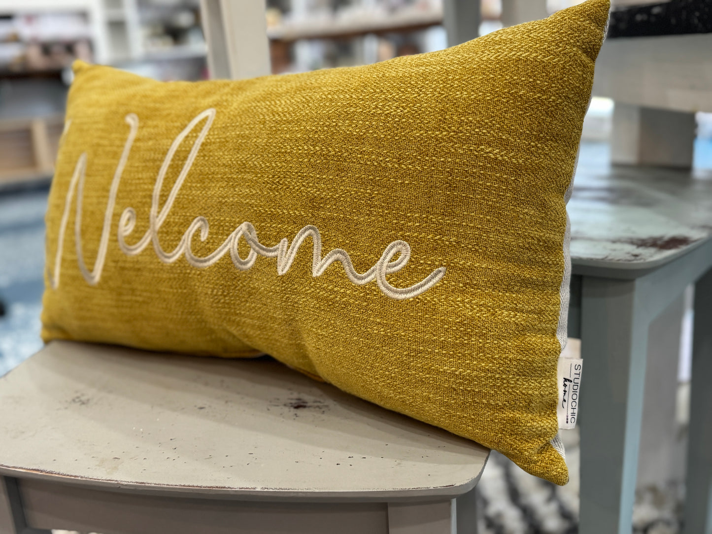 Mustard Welcome Embroidered Accent Pillow