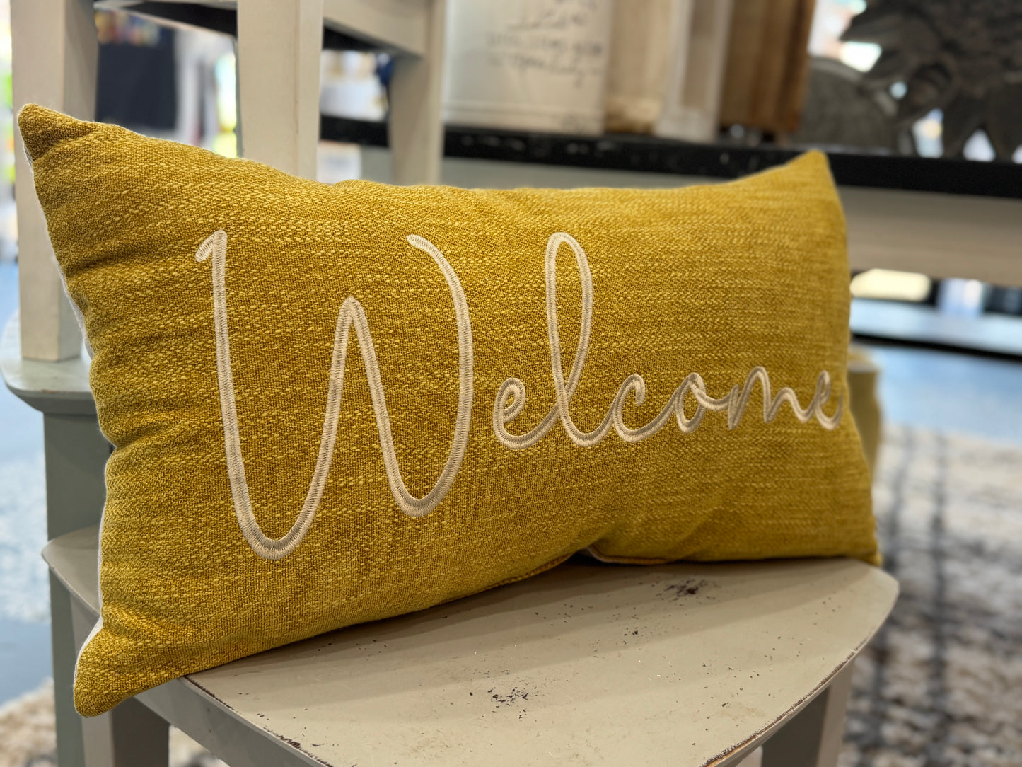 Mustard Welcome Embroidered Accent Pillow