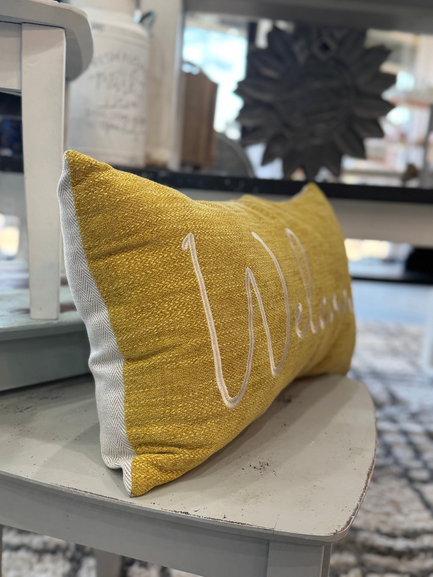 Mustard Welcome Embroidered Accent Pillow