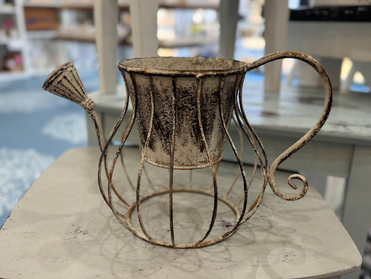 Vintage Metal Watering Can Planter – Distressed Gray