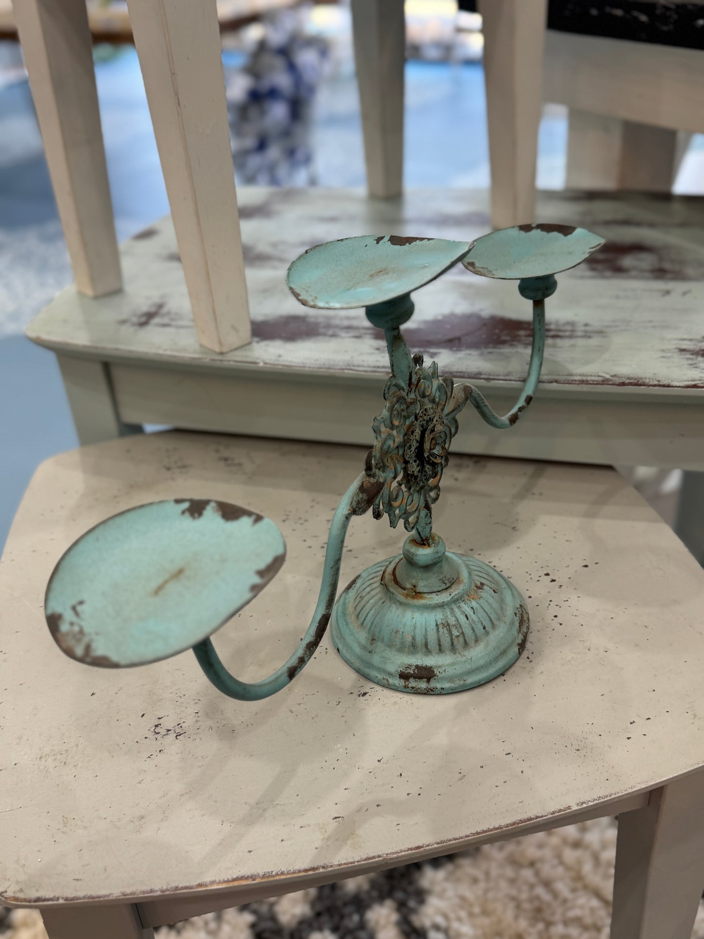 Shabby Chic Distressed Metal 3-Arm Candelabra