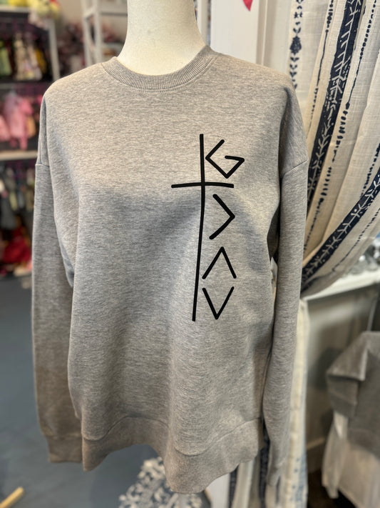 Vertical “God Is Great” Graphic Crewneck Sweatshirt – Heather Gray (Size Medium)