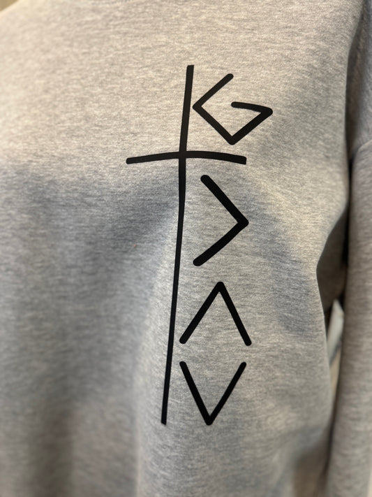 Vertical “God Is Great” Graphic Crewneck Sweatshirt – Heather Gray (Size Medium)