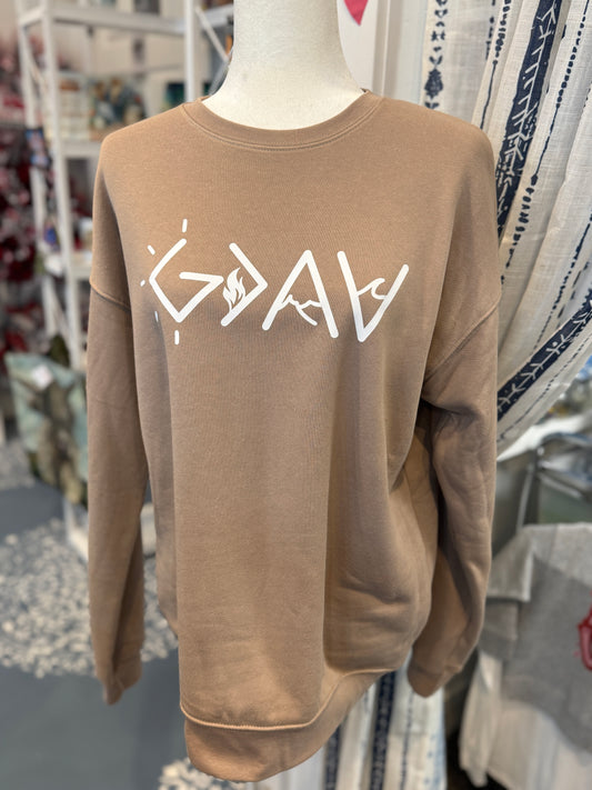 “God Is Great” Graphic Crewneck Sweatshirt – Tan (Size Medium)