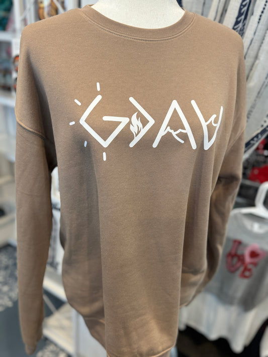 “God Is Great” Graphic Crewneck Sweatshirt – Tan (Size Medium)