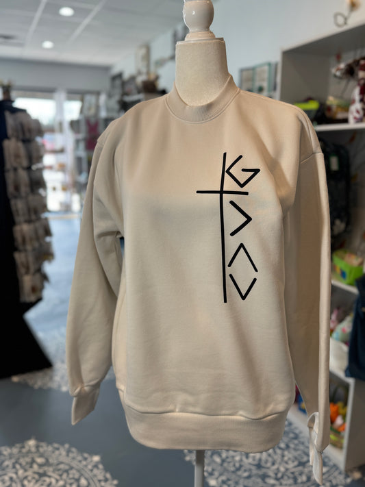 Vertical “God Is Great” Cross Graphic Crewneck Sweatshirt – Cream