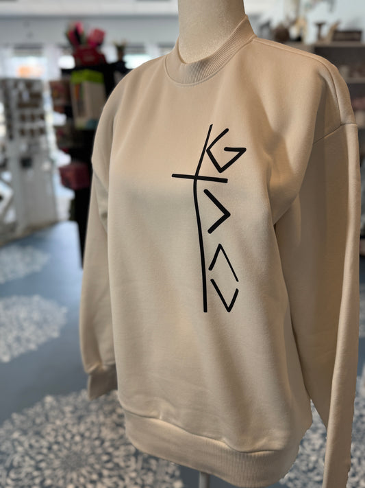 Vertical “God Is Great” Cross Graphic Crewneck Sweatshirt – Cream