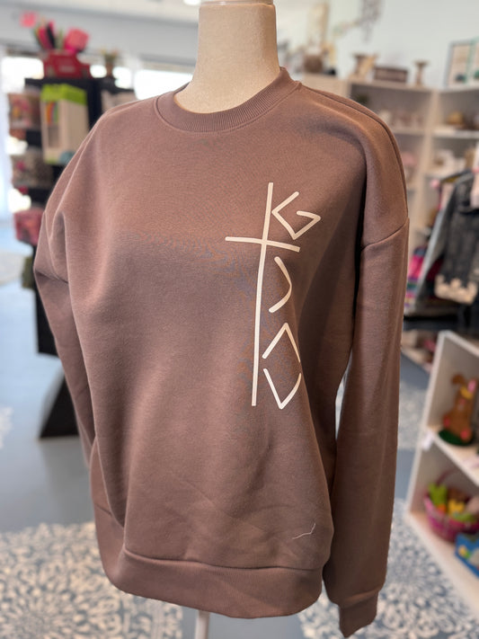 Vertical Cross “God Is Great” Graphic Crewneck Sweatshirt – Brown