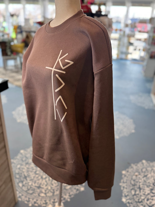 Vertical Cross “God Is Great” Graphic Crewneck Sweatshirt – Brown