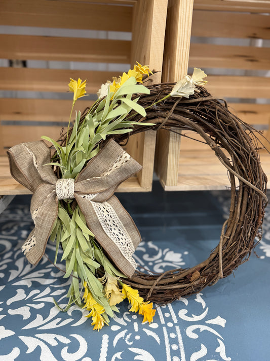 Rustic Spring Twig Wreath with Yellow Florals (13")