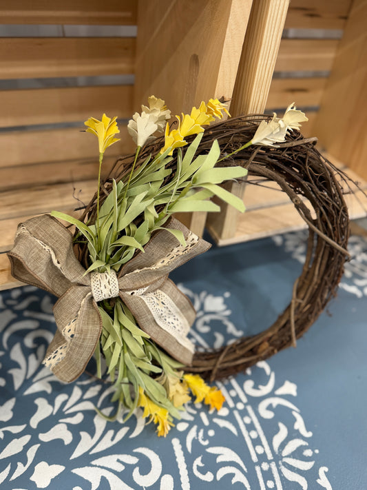 Rustic Spring Twig Wreath with Yellow Florals (13")