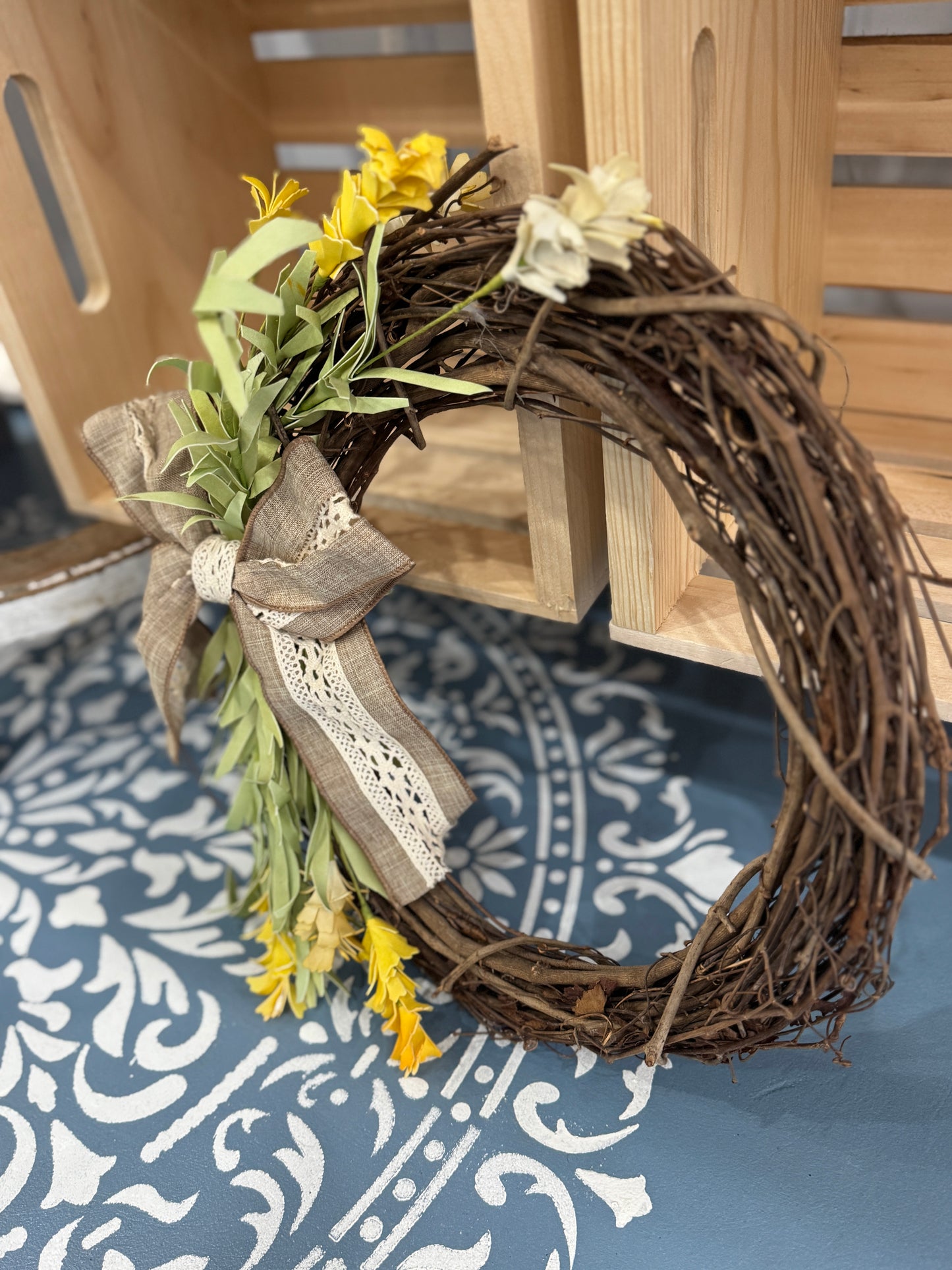 Rustic Spring Twig Wreath with Yellow Florals (13")