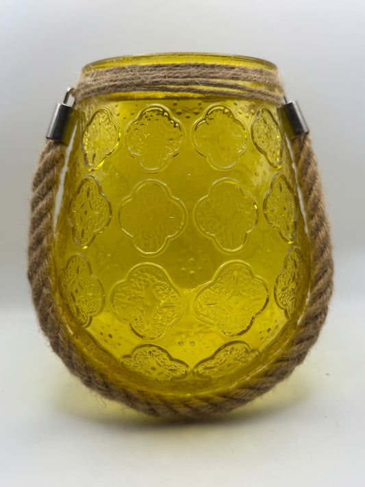 Yellow Glass Hanging Lantern with Rope Handle (7.5")