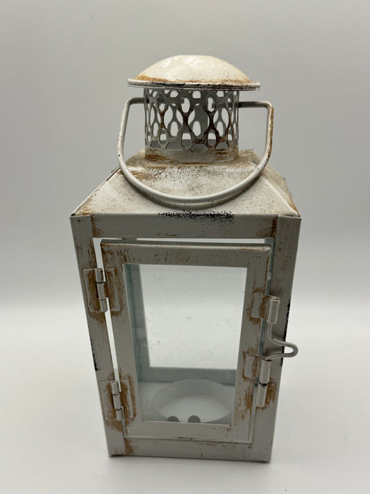 Rustic White Metal Lantern with Glass Door (7")