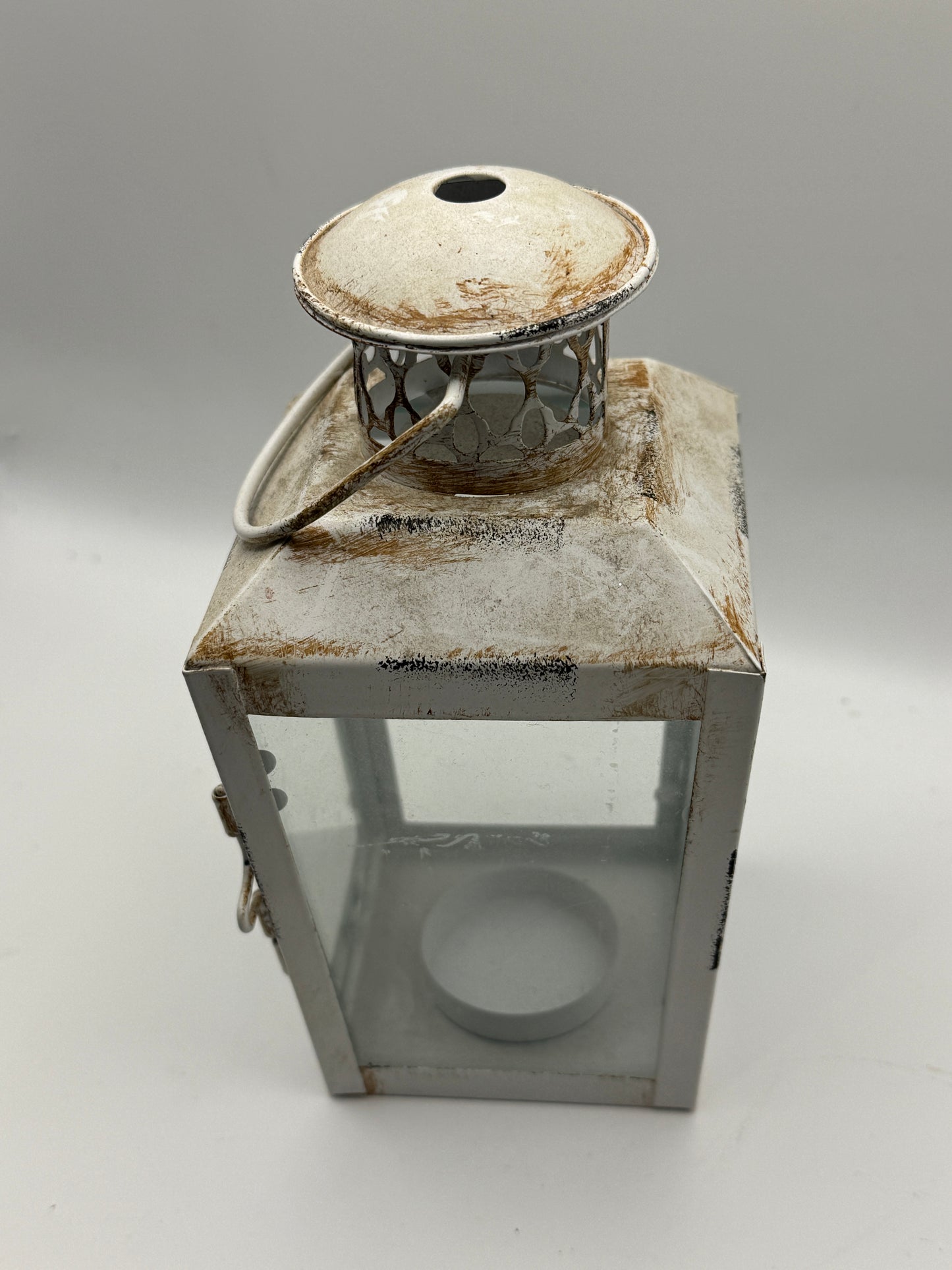 Rustic White Metal Lantern with Glass Door (7")