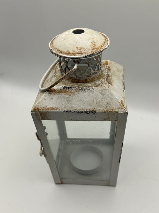 Rustic White Metal Lantern with Glass Door (7")