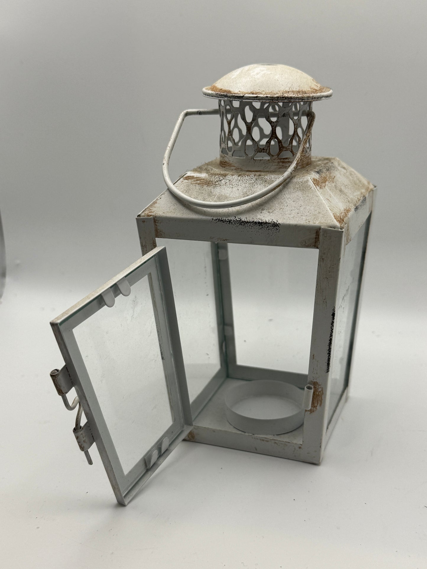 Rustic White Metal Lantern with Glass Door (7")