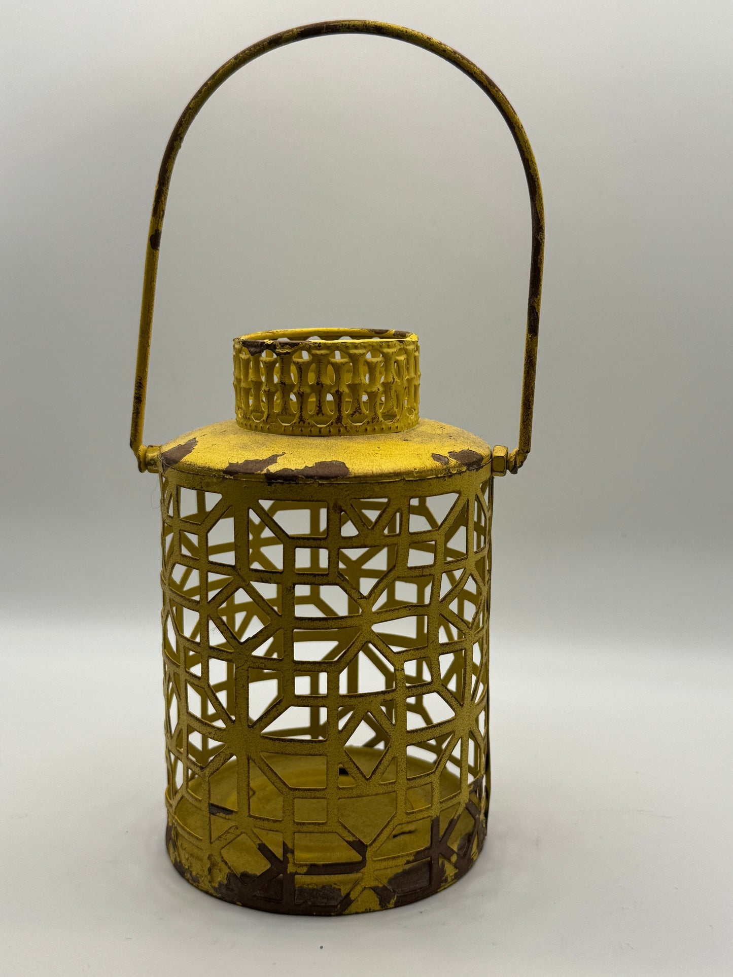 Distressed Yellow Metal Lantern Candle Holder (6")
