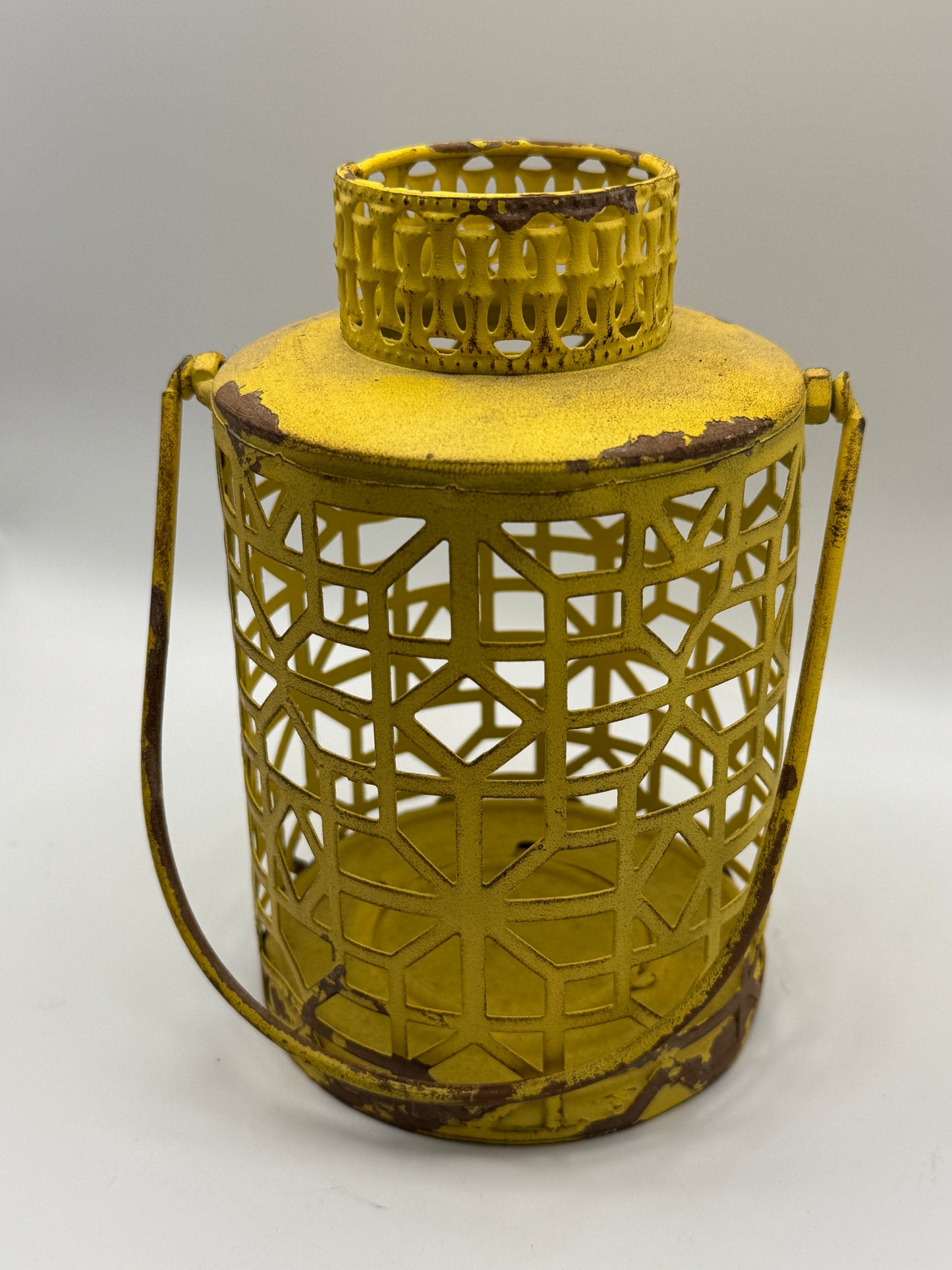 Distressed Yellow Metal Lantern Candle Holder (6")