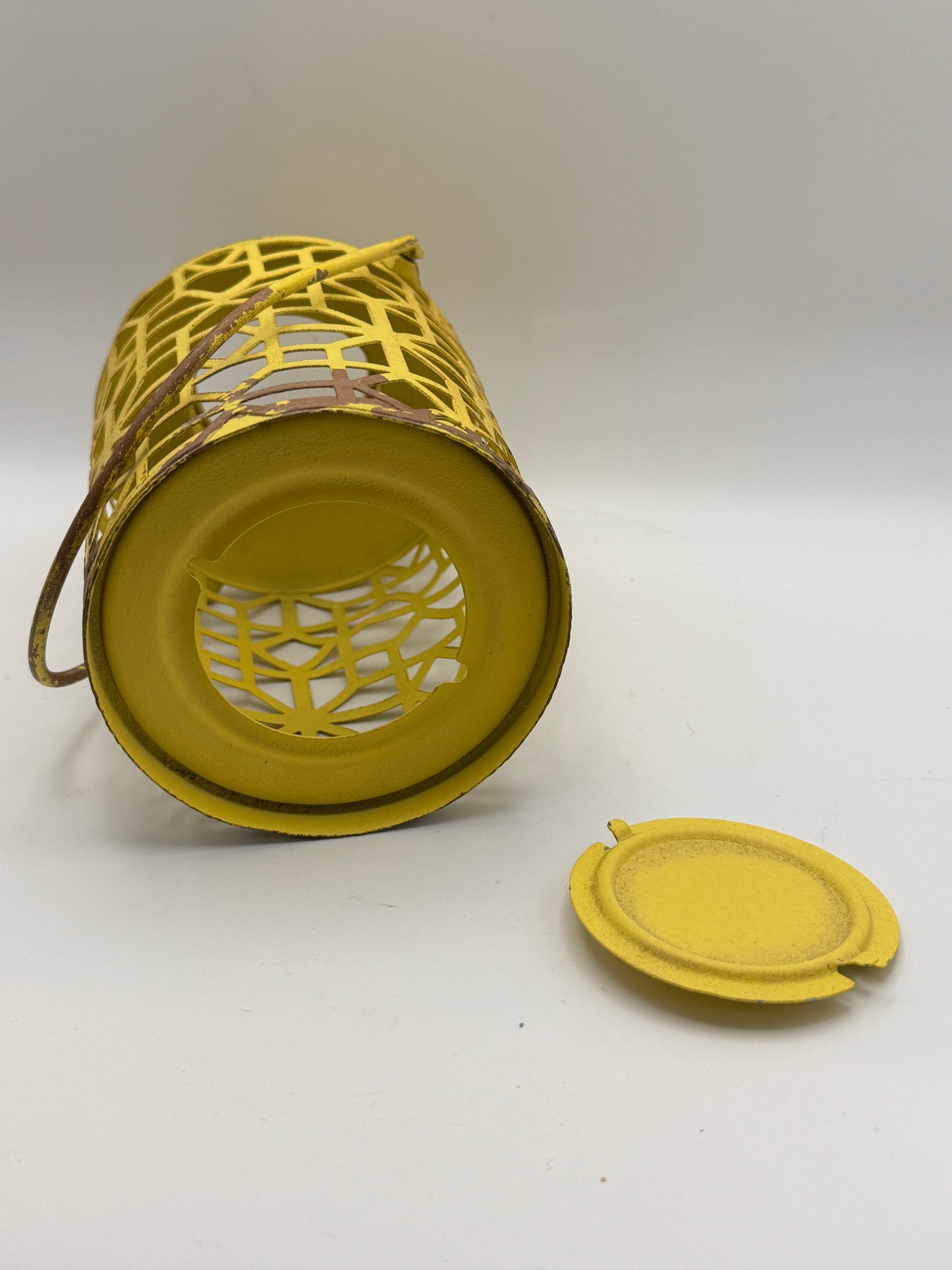 Distressed Yellow Metal Lantern Candle Holder (6")