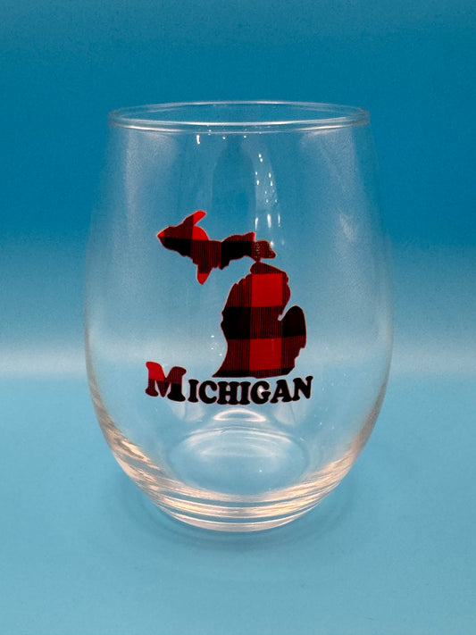 Michigan Buffalo Check Stemless Wine Glass – Red & Black Plaid