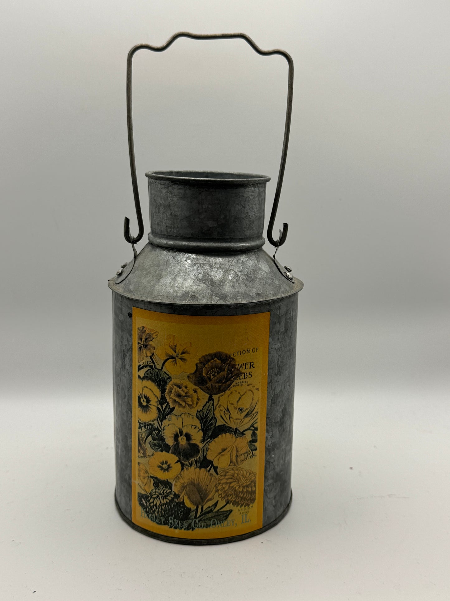 Vintage Style Galvanized Metal Milk Can with Floral Label